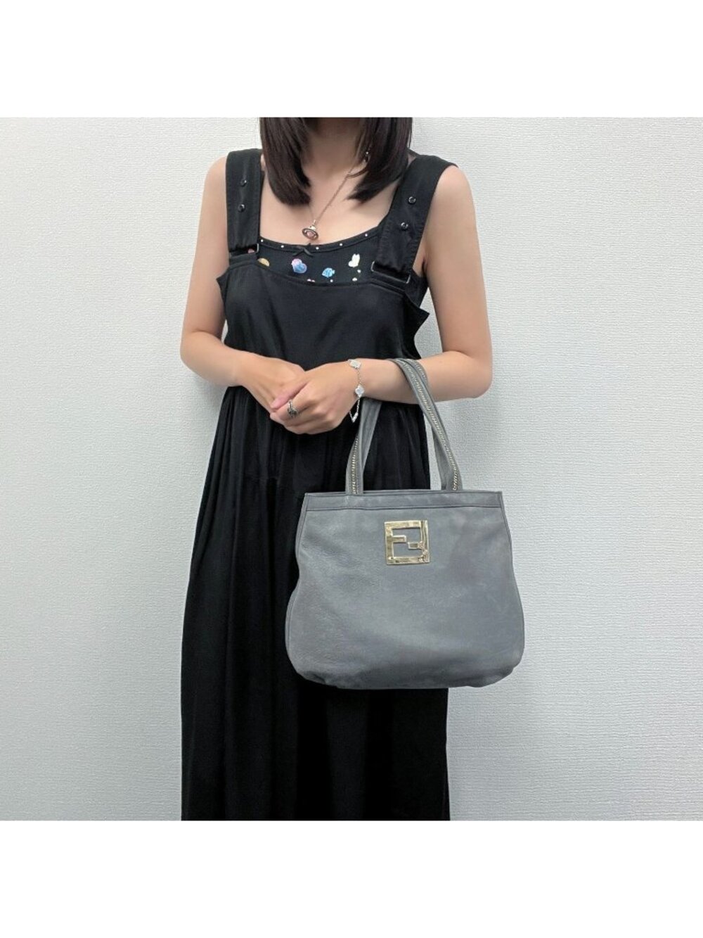 Fendi Nubuck FF Chain Tote Bag Leather Gray Gold Vintage